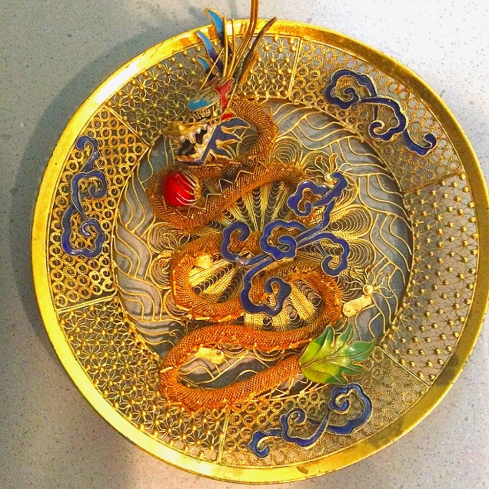 Dragon Filigree Cloisonne 3D Asian Decor Gold w Color !